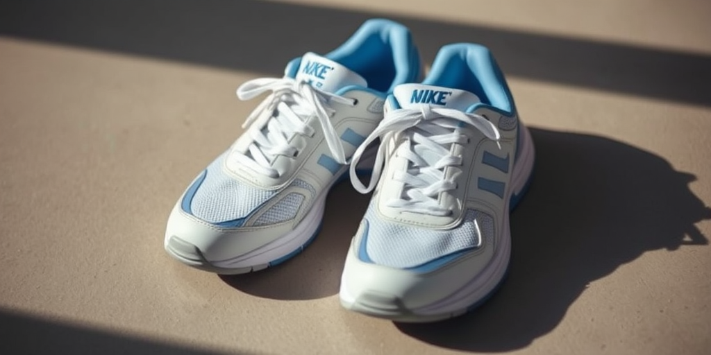 Regenerate a realistic image of white athletic shoes with blue accents, focusing on detailed textures and shadows, using a DSLR camera with a 50mm lens at f/2.8 aperture, ISO 100, in natural lighting, with a slightly overhead view.