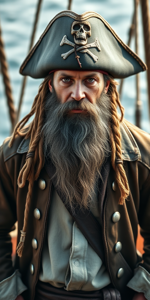 Create an image of a rugged pirate captain standing on the deck of a ship, wearing a tricorn hat with a skull emblem, a weathered leather coat, and a long gray beard, captured in natural lighting with a shallow depth of field, using a full-frame DSLR camera with a 50mm lens at f/1.8, ISO 100, and a shutter speed of 1/200s, focusing on his intense expression against a blurred ocean backdrop.