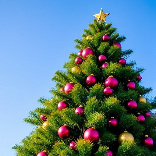 Generate an image of a lush green Christmas tree adorned with colorful ornaments. The tree should be set against a clear blue sky, with vibrant red, purple, and gold baubles hanging from its branches. The scene should convey a festive atmosphere, emphasizing the beauty of the tree and the decorations.