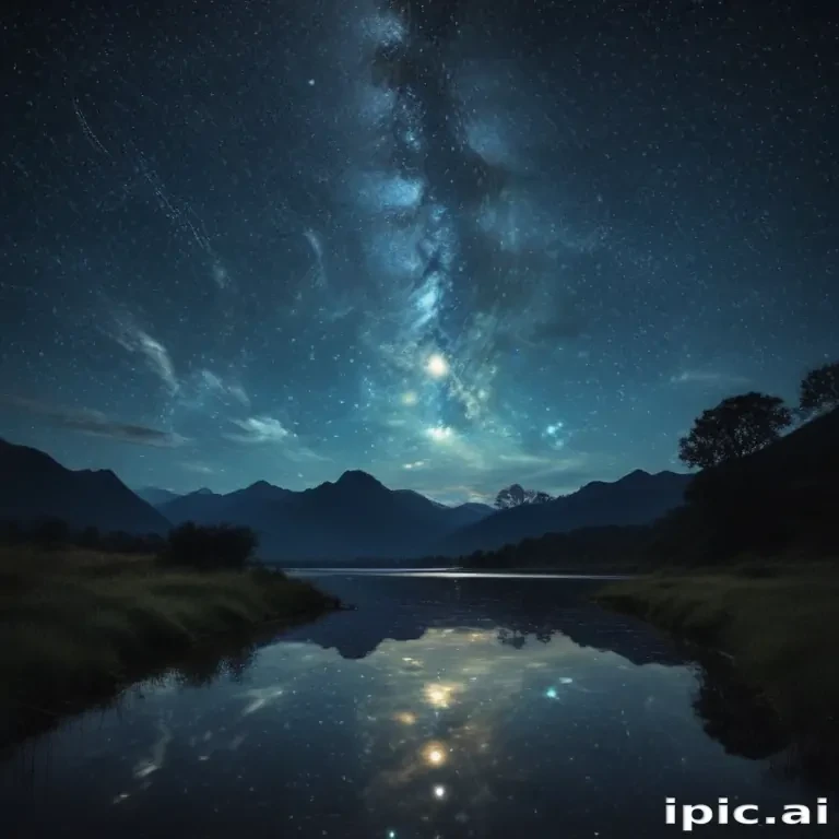 Majestic Night Sky Reflected in Tranquil Lake Surrounded by Mountains