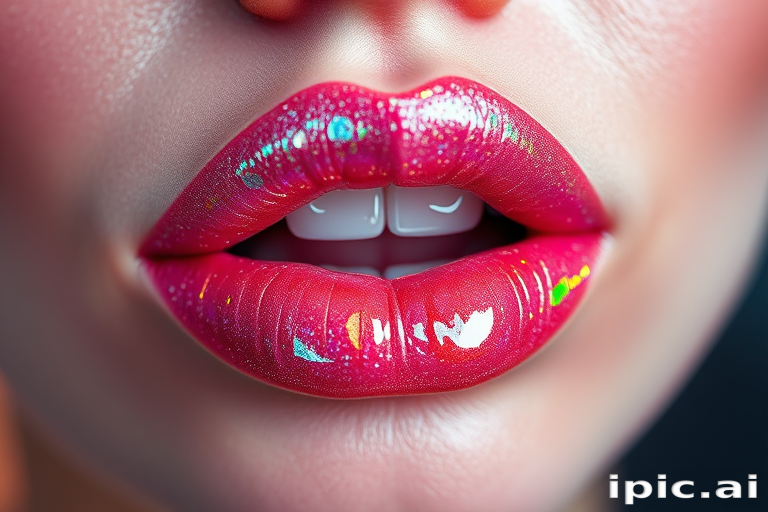 Glossy clear lips with holographic sparkle, ultra-reflective shine, plumping effect for enhanced volume, futuristic Crystal Prism Gloss style