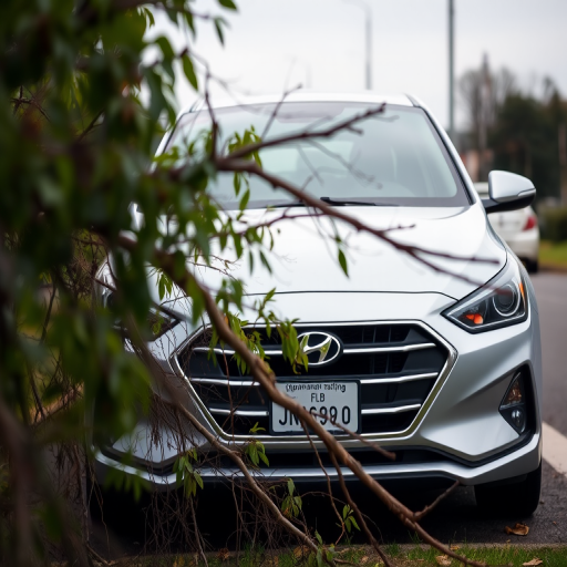 Capture a high-resolution image of a silver Hyundai sedan partially obstructed by a fallen tree branch, with a shallow depth of field, using a DSLR camera set to f/2.8, ISO 100, and 1/200 sec shutter speed for sharp detail and vibrant colors, from a slightly elevated angle to showcase the car and branch interaction.