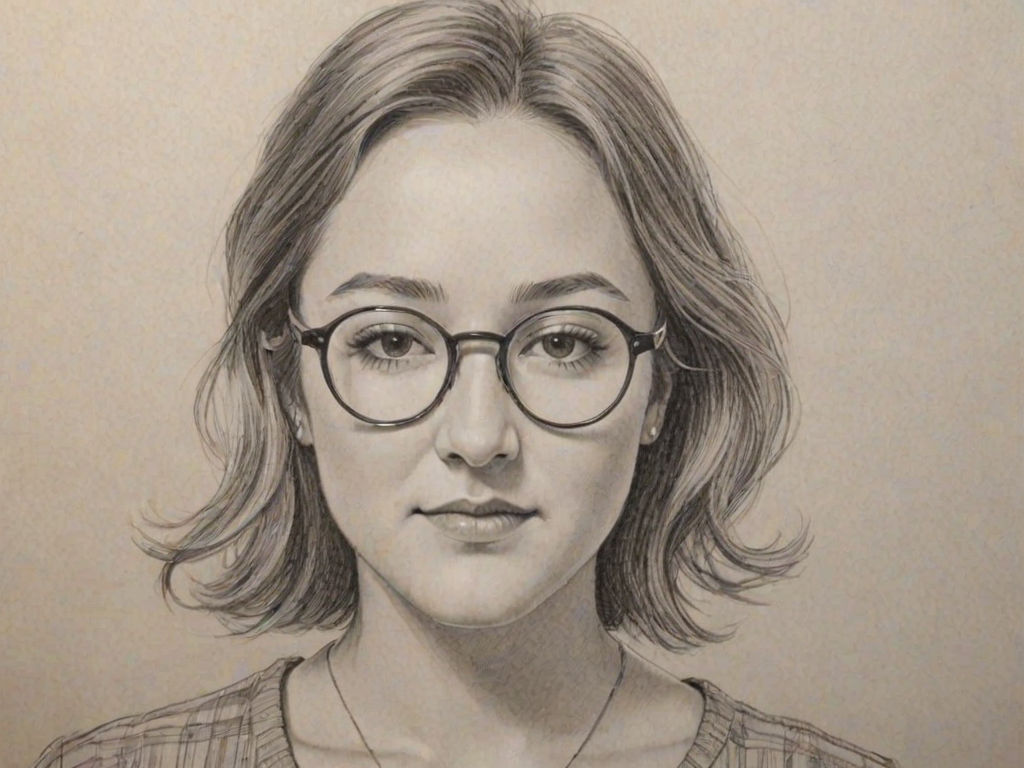 Delightful Zelda Williams, pencil sketch, portrait of Superb woman 1967s in glasses, hair style beatnik, outline, clear lines, fine lines, 8k