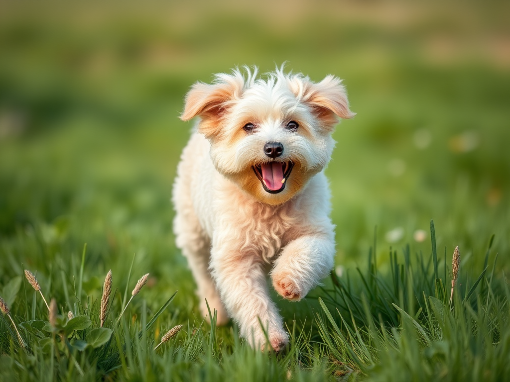 A joyful curly-haired dog running through a green grassy field, shot with a Canon EOS 5D Mark IV, 50mm lens, aperture f/2.8, shutter speed 1/500 sec, ISO 200, shallow depth of field, vibrant colors, natural lighting.
