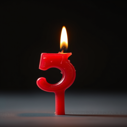 create a high-resolution image of a red birthday candle in the shape of the number 5, with a flickering yellow flame on top, shot from a 45-degree angle using a DSLR camera with a 50mm lens, aperture f/2.8, ISO 100, and soft diffused lighting to enhance the details and colors.