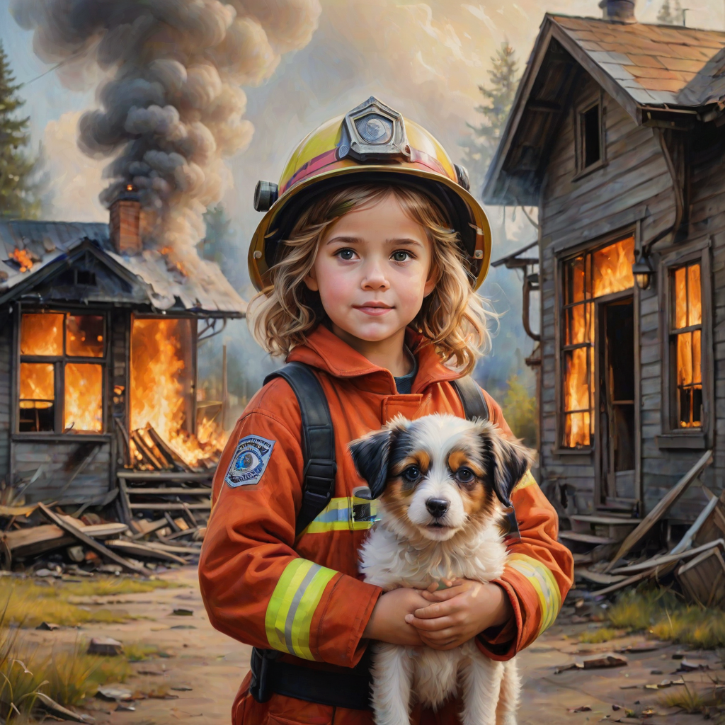 airbrushed oil painting, pixar style, cute little girl in fireman gear, helmet, tousled hair, expressive eyes, standing in the doorstep of a cottage burning behind him, holding a cute little dog in her arm, atumn sky