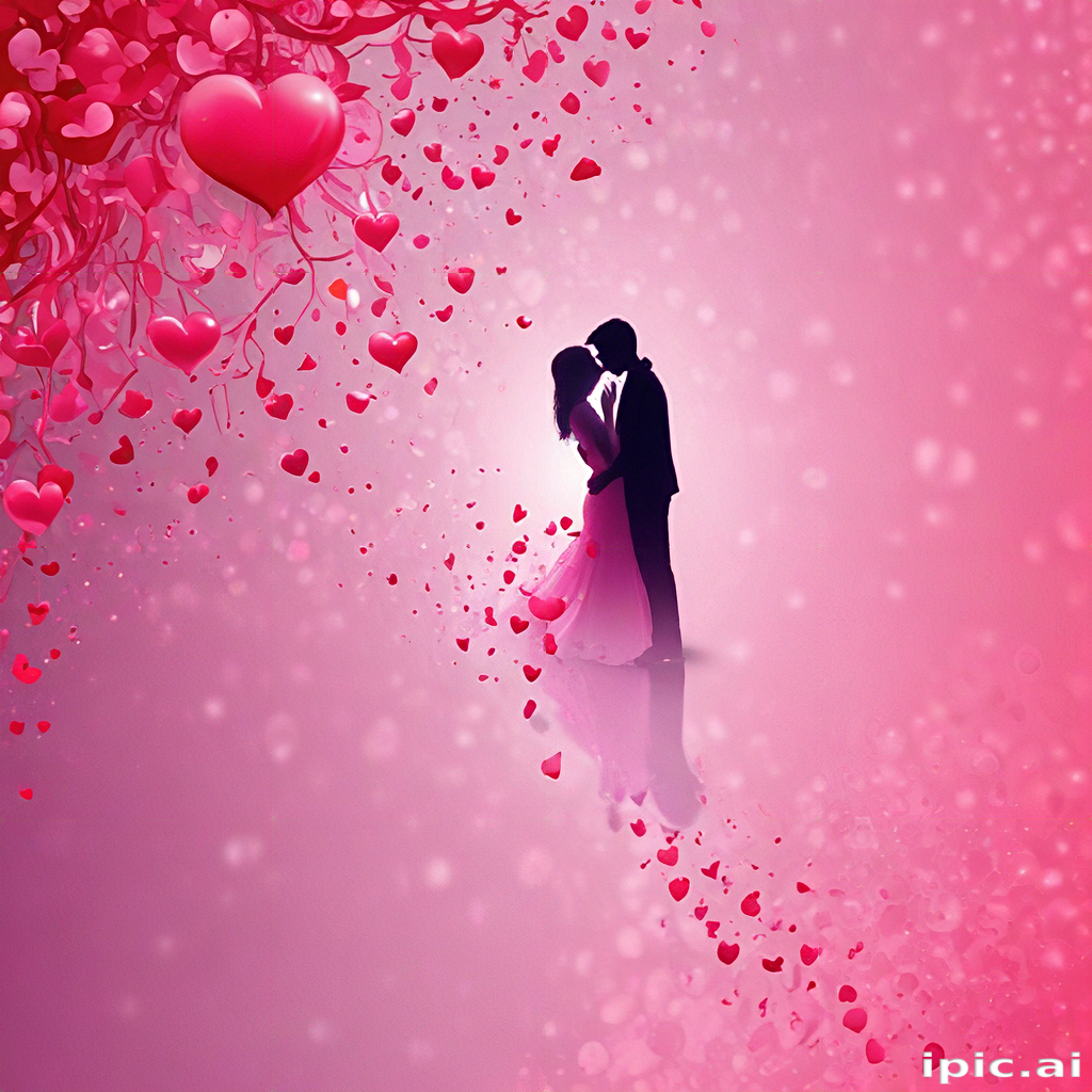 Romantic Silhouette of a Couple Surrounded by Floating Hearts in Pink