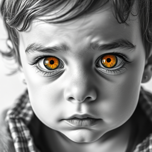 A hyperdetailed photorealistic black and white sketch of a beautiful toddler with deep Yellow eyes, with a macro focus