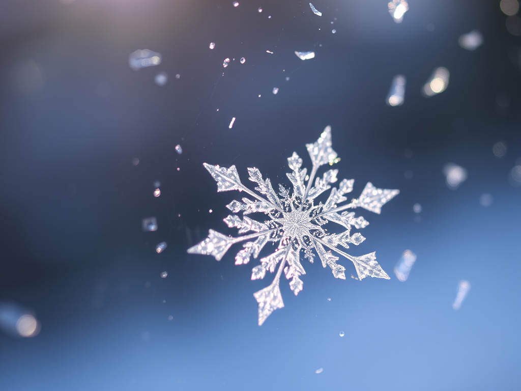 Sharp, detailed close-up of a snowflake resting on a windowpane, soft light reflecting off its delicate crystalline structure, tiny details of the frost surrounding it, and the cold, crisp air outside contrasting with the warmth inside.