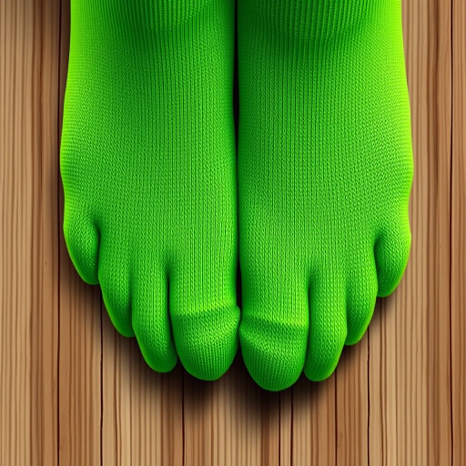 Create a digitally illustrated image of a pair of bright green socks with detailed textures, using a high-resolution digital camera, aperture f/5.6, shutter speed 1/250s, ISO 100, taken from a top-down view with vibrant colors and sharp details.