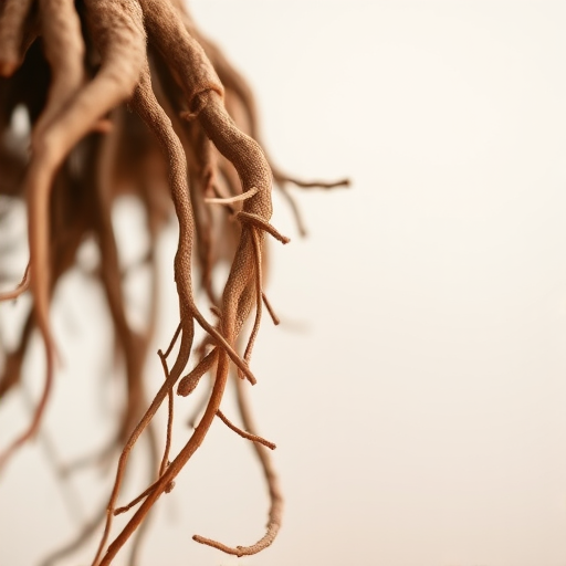 Regenerate the image of a brown root-like structure with fine details and texture, set against a soft gradient background, using a DSLR camera with a 50mm lens, f/2.8 aperture, ISO 100, 1/200 sec shutter speed, captured from a low angle with a shallow depth of field to emphasize detail and enhance image quality.