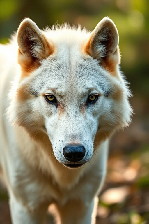 Capture a close-up shot of a white wolf in a natural setting with a shallow depth of field, using a Canon EOS R5 camera at f/2.8, ISO 200, 1/500 sec, with a 85mm lens, in soft natural light to enhance detail and texture.