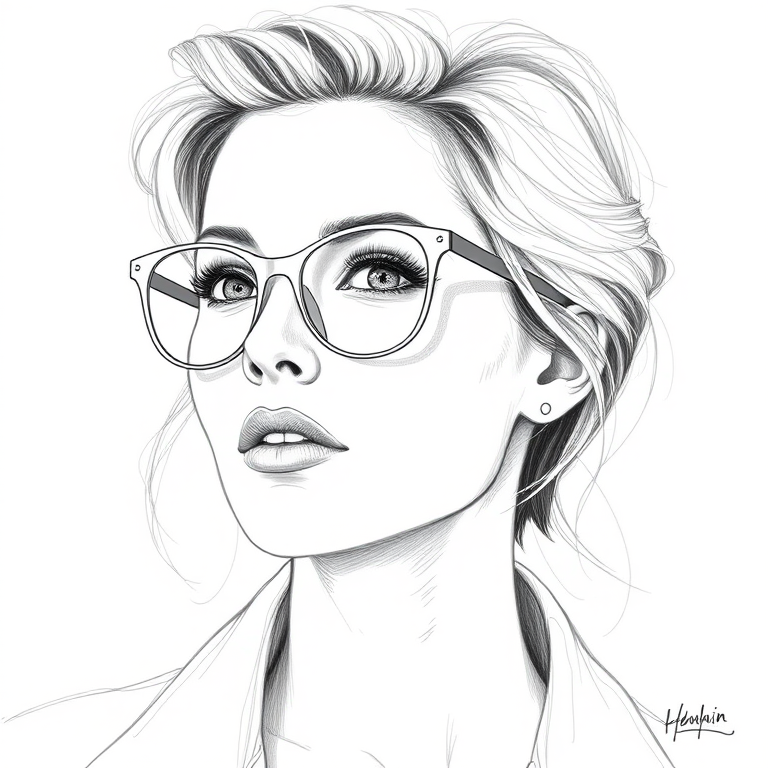 Beautiful Charlize Theron, pencil sketch, portrait of beautiful woman 60s in glasses, hair style beatnik, outline, clear lines, fine lines, 8k