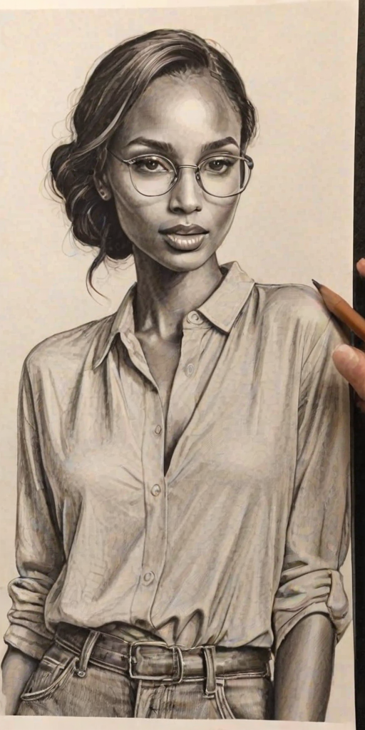 Attractive Jasmine Tookes, pencil sketch, portrait of Captivating woman 1926s in glasses, hair style beatnik, outline, clear lines, fine lines, 8k