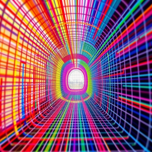 Create a vibrant, abstract 3D tunnel of colorful lines and grids converging towards a central point, captured with a DSLR camera at f/8 aperture, ISO 100, 24mm focal length, and using a wide-angle lens for a dynamic perspective.