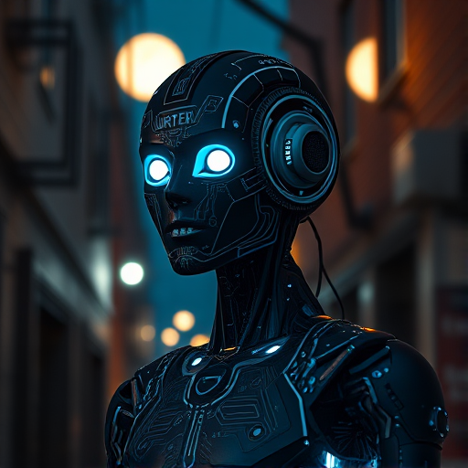 Regenerate an image of a futuristic humanoid robot with intricate circuit designs on its face and body, glowing eyes, standing in a dimly lit urban alley with a full moon in the background, using a Canon EOS R5 with a 50mm lens, aperture set to f/1.8, ISO 100, and a shutter speed of 1/200s for a sharp focus and vibrant colors.