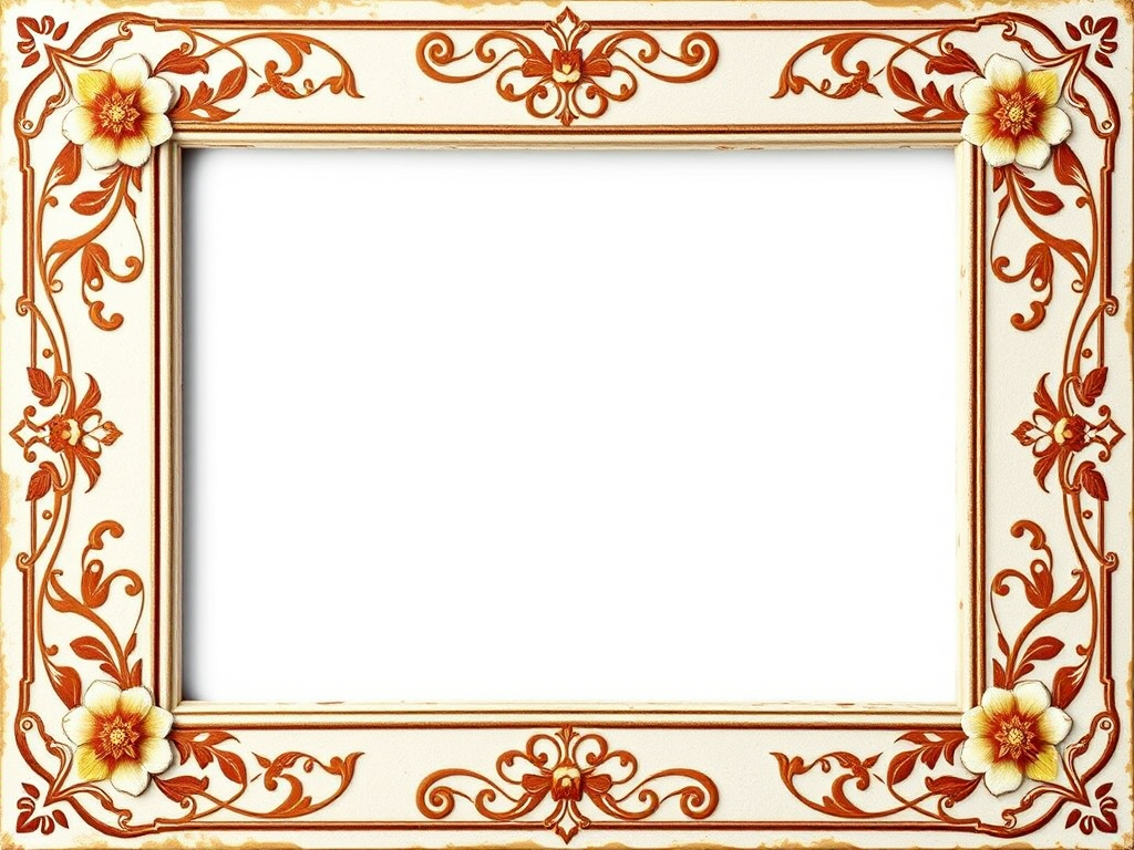 Create a vintage-style photo frame with intricate floral designs on the edges, captured with a DSLR camera at f/2.8 aperture, ISO 100, 50mm lens, shot from a straight-on perspective to enhance clarity and detail.