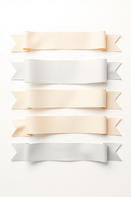 Create a high-resolution vector design of various ribbon banners in shades of beige and gray on a light neutral background, utilizing a Canon EOS 5D Mark IV with a 50mm lens at f/2.8, ISO 100, in natural soft light with a flat lay composition to enhance clarity and detail.
