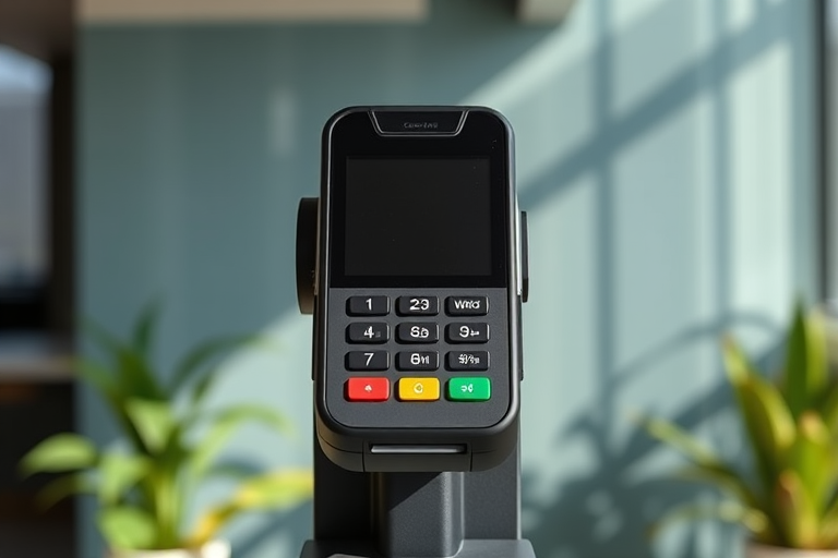 Create a high-resolution image of a modern payment terminal, with a clean design, front view, using a DSLR camera with a 50mm lens, aperture set to f/2.8, ISO 100, and natural lighting for enhanced clarity.