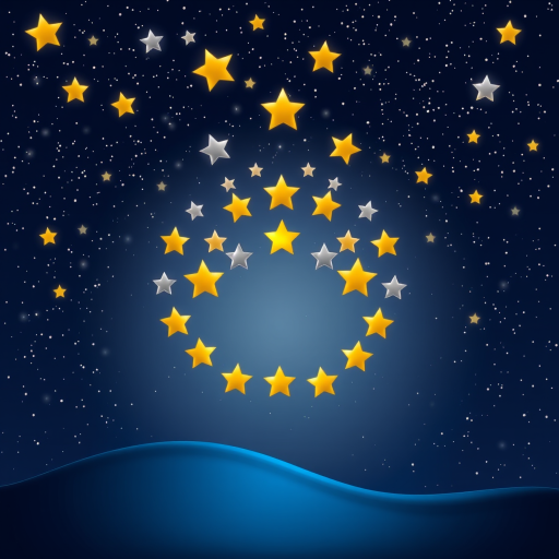 Create a digital illustration of a night sky filled with stars, featuring a smiling face made of golden and silver stars arranged in a circular pattern, with a deep blue wave design flowing beneath the starry sky, using a DSLR camera with a 50mm lens, f/1.8 aperture, ISO 200, and a long exposure of 10 seconds to capture the brightness of the stars and enhance image clarity.