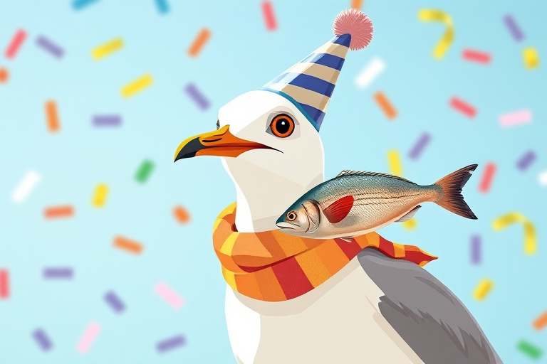 Create a cartoon-style image of a seagull wearing a party hat and a scarf, holding a fish in its beak, with colorful confetti in the background, captured with a Canon EOS 5D Mark IV, focal length 50mm, aperture f/2.8, ISO 100, in bright natural lighting.