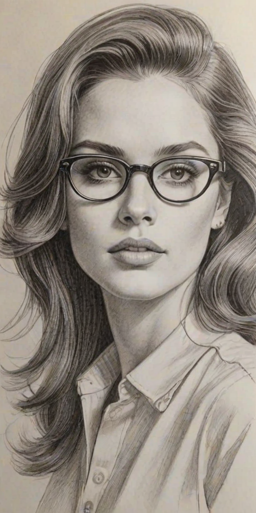 Dazzling Bella Poarch, pencil sketch, portrait of Magnificent woman 1969s in glasses, hair style beatnik, outline, clear lines, fine lines, 8k
