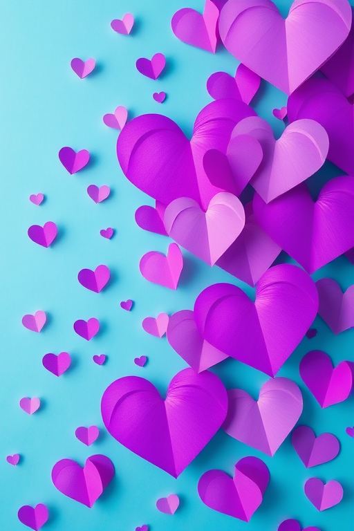 Create a vibrant abstract background filled with layered hearts in shades of purple on a teal backdrop, using a DSLR camera at f/2.8 aperture, ISO 100, 50mm lens, and a top-down view for depth and clarity.