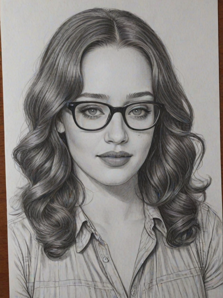 Resplendent Kat Dennings, pencil sketch, portrait of Ravishing woman 1975s in glasses, hair style beatnik, outline, clear lines, fine lines, 8k