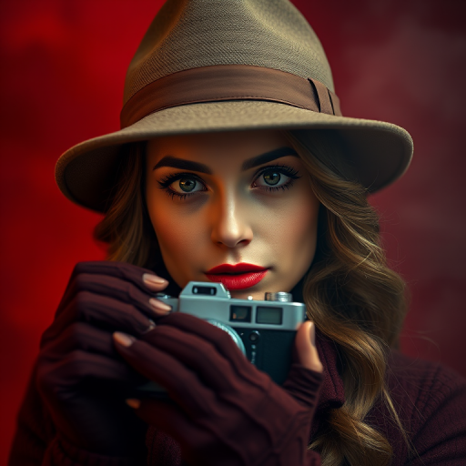 portrait of a woman with a vintage camera, wearing a hat and gloves, with a smoky red background, shot with a DSLR camera, f/2.8 aperture, ISO 100, 50mm lens, soft focus style, natural light accentuating her features