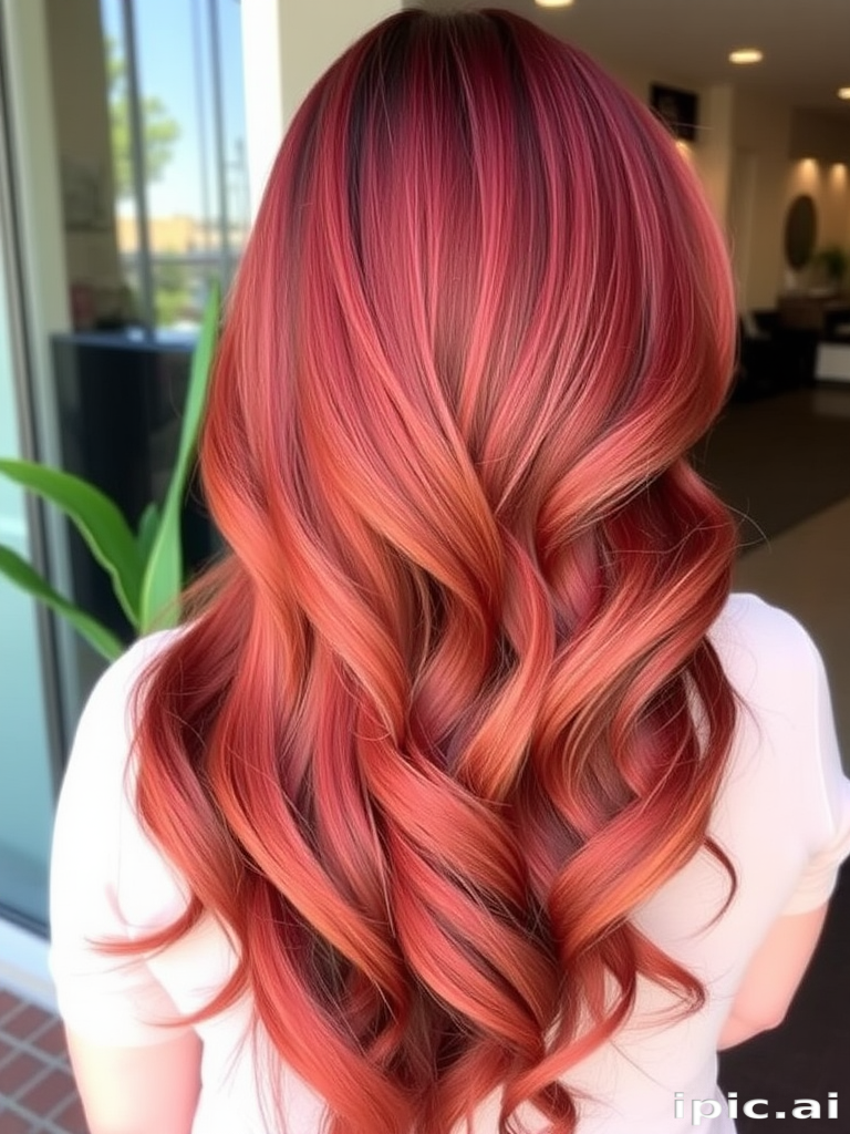Elegant Crimson Cascade hairstyle featuring long, luxurious waves cascading down the back with a deep side part and subtle ombre effect transitioning from dark red to bright copper