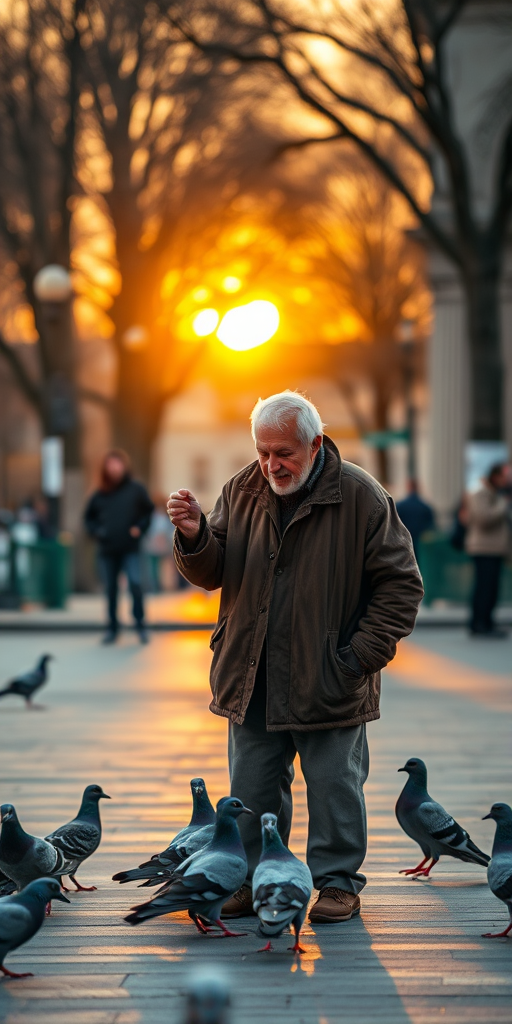 Capture an elderly man in a brown jacket feeding pigeons in an urban setting during golden hour, using a full-frame DSLR camera with a 50mm lens at f/1.8, ISO 200, and a shutter speed of 1/250s, with a shallow depth of field to accentuate the subject and blur the background.