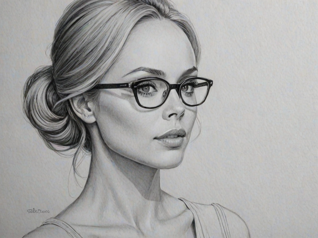 Fetching Laura Vandervoort, pencil sketch, portrait of Elegant woman 1954s in glasses, hair style beatnik, outline, clear lines, fine lines, 8k