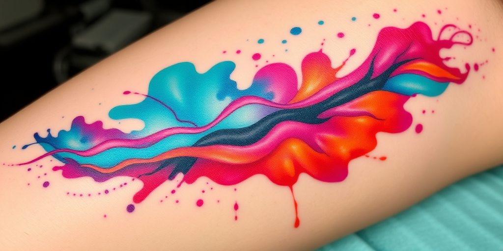 Vibrant watercolor splash tattoo named "Chromatic Cascade" featuring a mesmerizing blend of turquoise, magenta, and amber hues swirling together in a dynamic, free-flowing pattern that resembles a waterfall of colors cascading down the skin, with subtle white highlights adding depth and dimension to the design, creating a striking and unique piece of body art that appears to move and shift with the wearer's movements