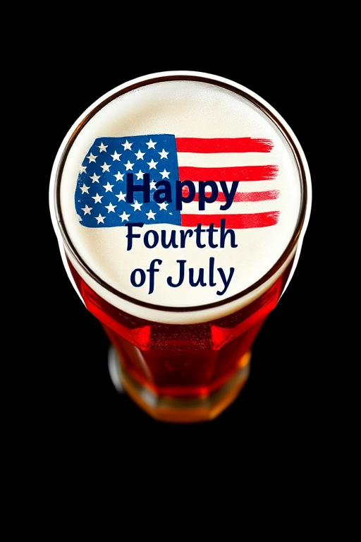 sticker, top-down view of a glass of beer, with foam in the shape of an American Flag in the center with text "Happy Fourth of July" black background