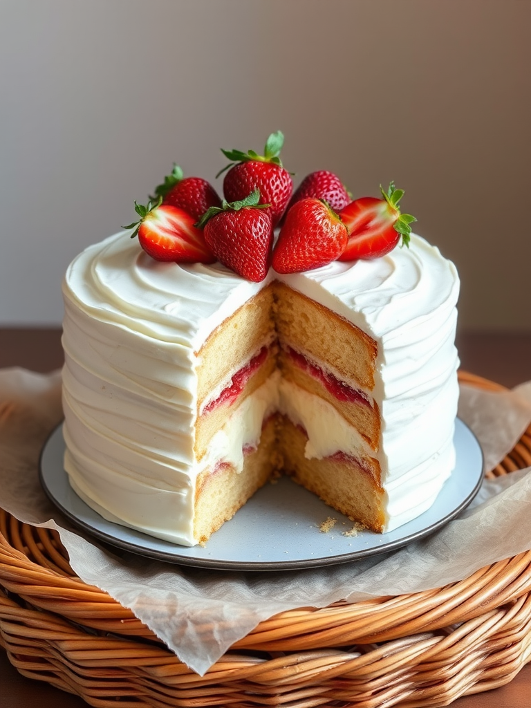 A beautifully layered cake with whipped cream and fresh strawberries on top, showcasing a slice cut out to reveal creamy filling, placed on a wicker tray with parchment paper, against a soft, natural background.