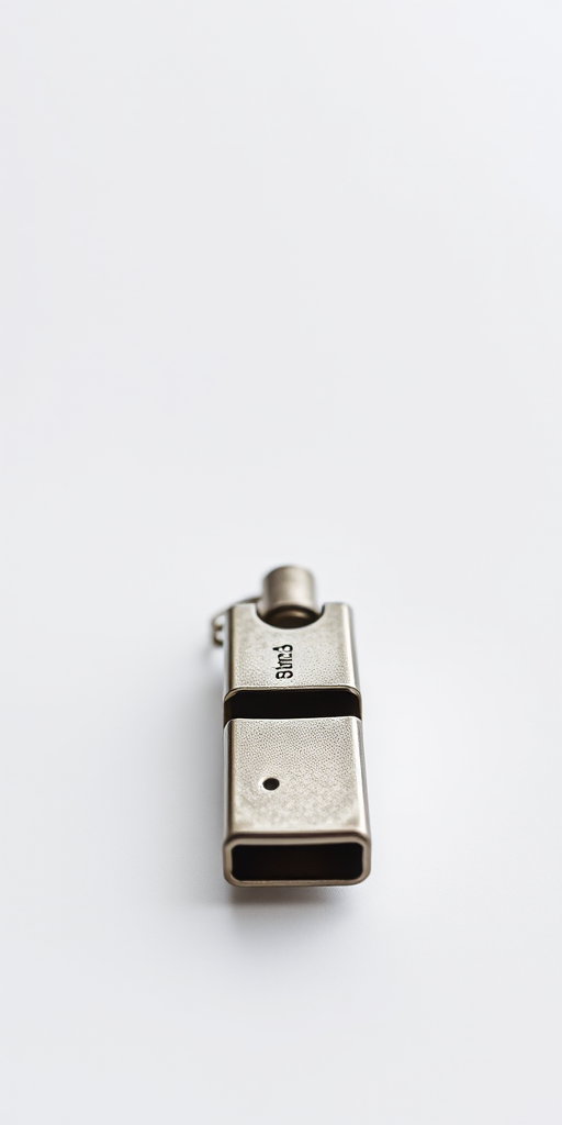 Create an image of a detailed whistle on a plain background with high contrast, taken with a DSLR camera at f/2.8 aperture, ISO 100, 50mm lens, in natural light for sharp focus and rich colors.