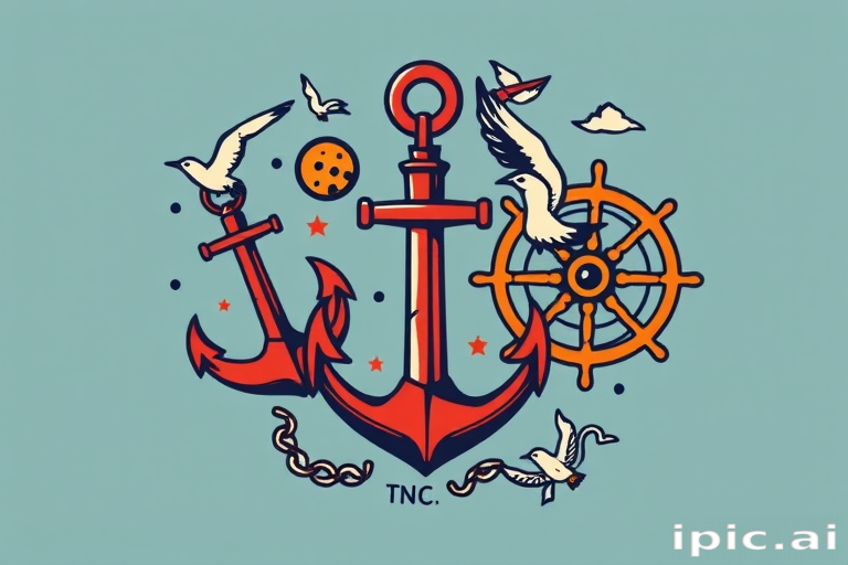 Vintage sailor Jerry-inspired half sleeve featuring classic nautical elements like anchors, swallows, and ship wheels in bold primary colors with heavy black outlines