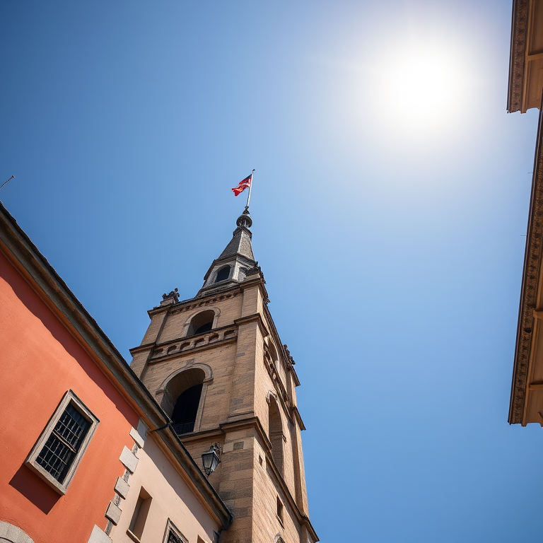 generate an image of a historic tower with a flag at the top on a sunny day, low angle view, vibrant colors, wide-angle lens, f/8 aperture, ISO 100, 1/200 sec shutter speed, DSLR camera
