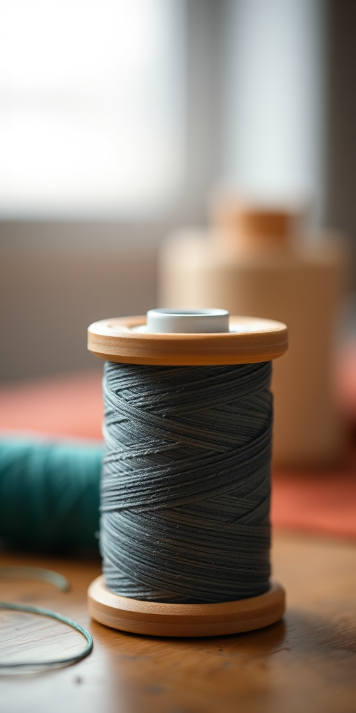 Create a high-resolution image of a sewing thread spool, looking slightly angled from the side with a blurred background for depth, using a Canon EOS R5 with a 50mm f/1.2 lens, aperture set to f/2.8, ISO 100, and a shutter speed of 1/200s.