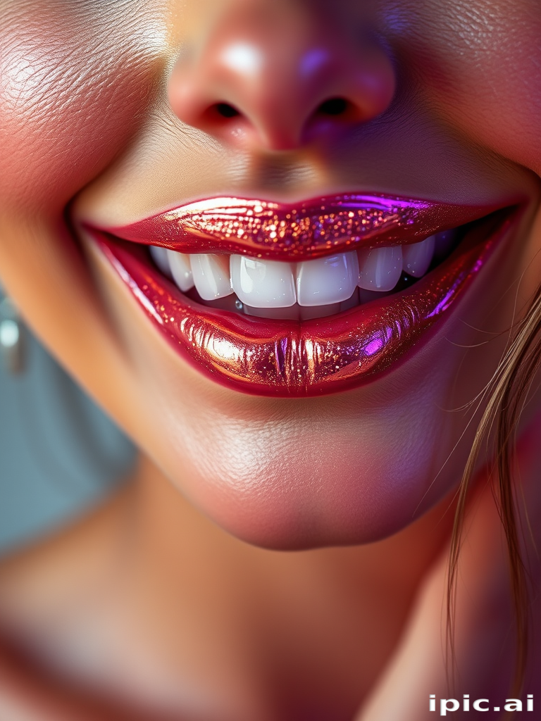 Mesmerizing woman lips adorned with holographic shimmer in iridescent rose gold, full face capture revealing enchanting smile and radiant skin