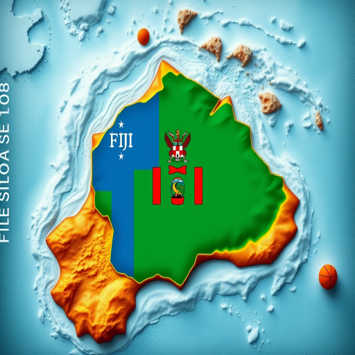 Create a detailed illustration of a map highlighting Fiji with its national flag and coat of arms prominently displayed in the center, utilizing a high-resolution digital art style with vibrant colors, wide-angle view, and settings: aperture f/8, ISO 100, shutter speed 1/125s, digital camera type.