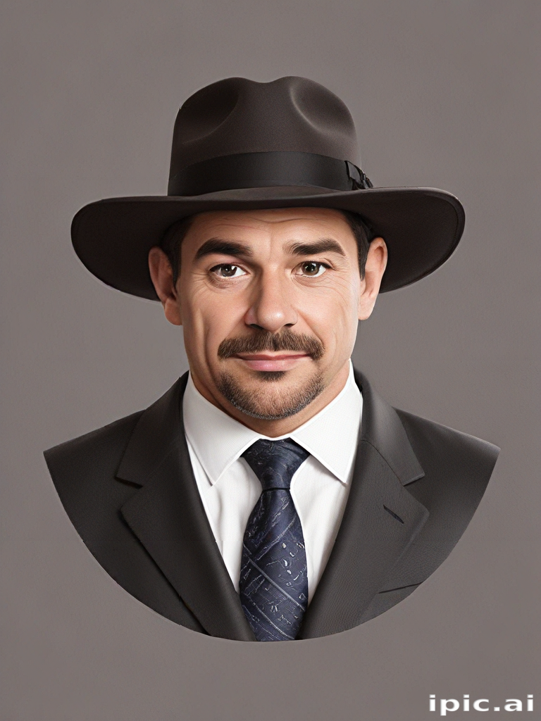 Stylish Man in a Dark Hat and Formal Suit Against a Gray Background