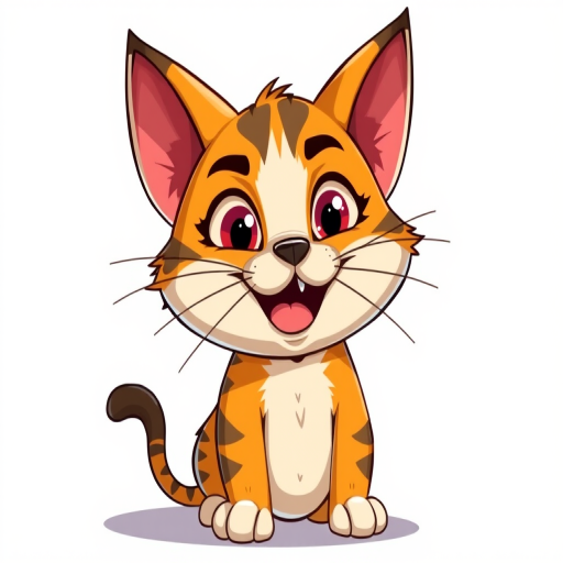 Create a vibrant illustration of a cartoon cat with exaggerated features, maintaining its playful and mischievous look, using a digital art style with high contrast colors, set against a simple background to highlight the character, with bright lighting, shot in a 35mm focal length for clarity and detail.