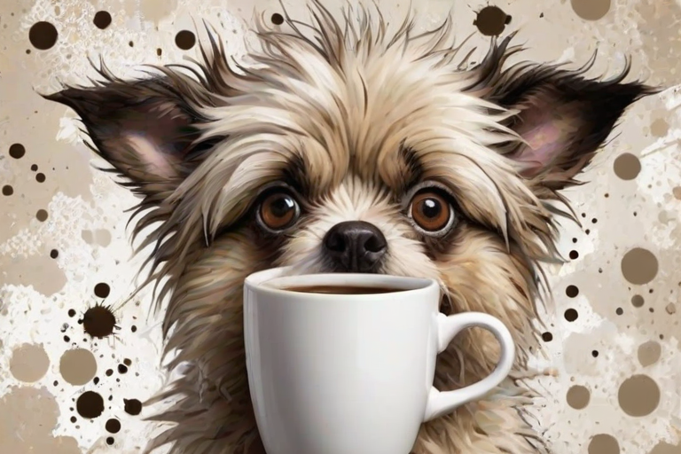 A quirky, artistic illustration of a disheveled shollie dog breed with exaggerated, large eyes and spiky fur, holding a coffee mug that reads "Good Morning". The dog has a tired but humorous expression, with ink splatters and abstract details surrounding it, giving a whimsical feel to the image. The color palette is mostly monochrome with hints of brown in the eyes and steam rising from the mug, enhancing the overall sleepy vibe