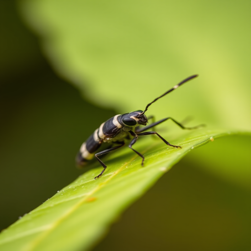 Close-up of a striped insect resting on a green leaf, macro photography, DSLR camera, 100mm lens, aperture f/2.8, ISO 100, natural light, shallow depth of field, focused background.
