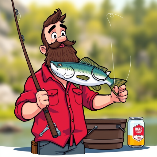 Create a vibrant cartoon-style illustration of a man with a beard in a red shirt holding a fishing rod with a fish on the line, a bucket beside him and a can of beer, with a blurred natural outdoor background, using a Canon EOS R5 camera, 50mm lens, aperture f/2.8, shutter speed 1/200s, ISO 100.