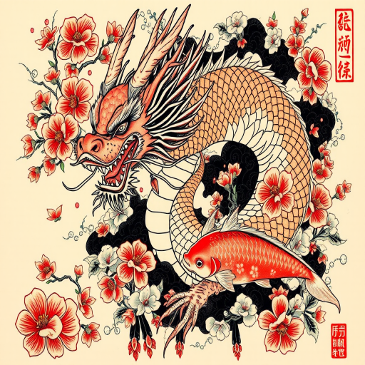 Japanese-inspired irezumi tattoo featuring a fierce dragon entwined with cherry blossoms and koi fish, rendered in bold traditional colors and flowing lines to create a dynamic full-body masterpiece