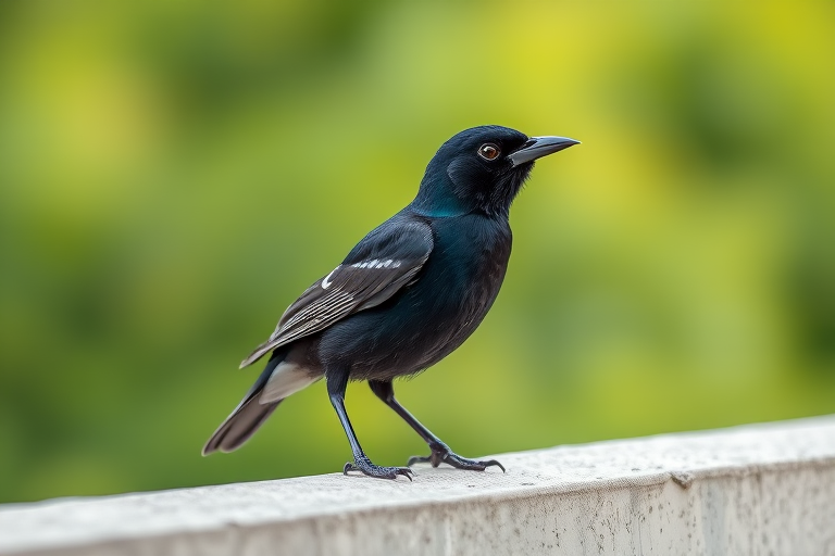 blackbird perched on a ledge with a blurred green background, captured with a Canon EOS R5, 85mm lens, aperture f/2.8, shutter speed 1/250s, ISO 400, natural light, shallow depth of field, vibrant colors