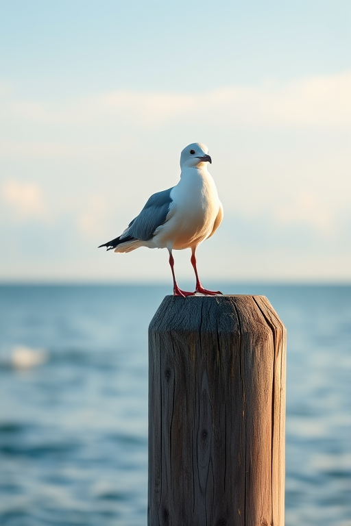 Seagull perched on a weathered wooden post by the calm ocean, with a soft blue sky and gentle clouds in the background, taken with a Canon EOS R5, 50mm lens, f/2.8 aperture, ISO 100, 1/200 sec shutter speed, shot from eye level for a serene and detailed composition.