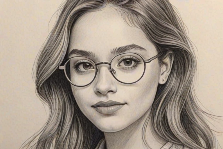 Enchanting Kenzie Ziegler, pencil sketch, portrait of Enchanting woman 1973s in glasses, hair style beatnik, outline, clear lines, fine lines, 8k